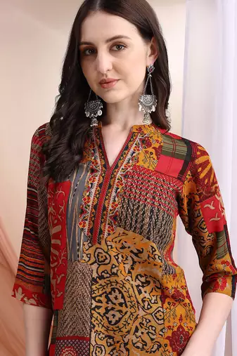 Red rayon floral print ethnic kurta palazzo set