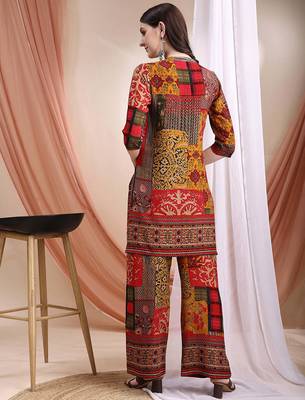 Red rayon floral print ethnic kurta palazzo set 3