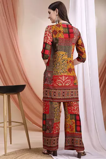 Red rayon floral print ethnic kurta palazzo set