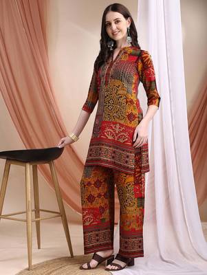 Red rayon floral print ethnic kurta palazzo set 4