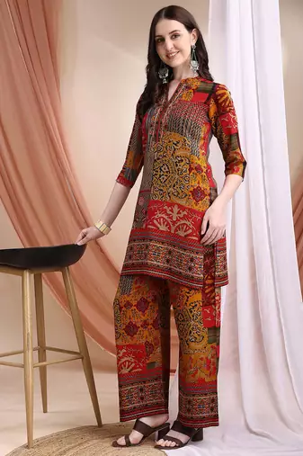 Red rayon floral print ethnic kurta palazzo set