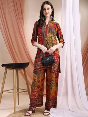 Red rayon floral print ethnic kurta palazzo set 5