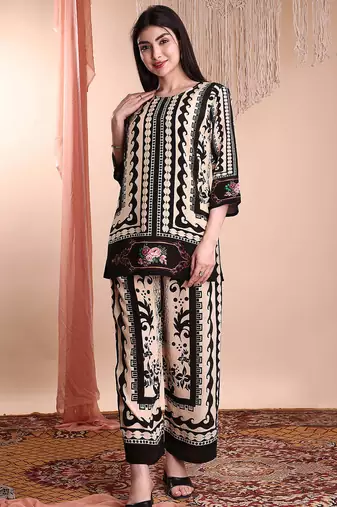 Black crepe floral print ethnic kurta palazzo set