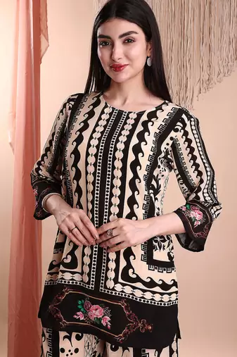 Black crepe floral print ethnic kurta palazzo set