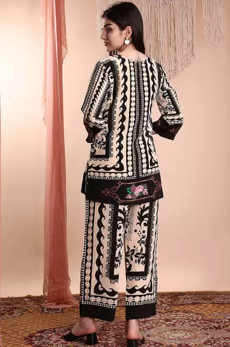 Black crepe floral print ethnic kurta palazzo set