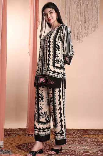Black crepe floral print ethnic kurta palazzo set
