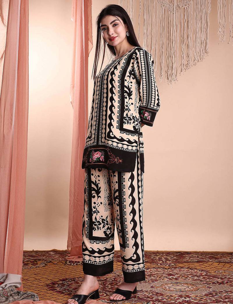 Black crepe floral print ethnic kurta palazzo set