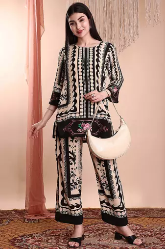 Black crepe floral print ethnic kurta palazzo set