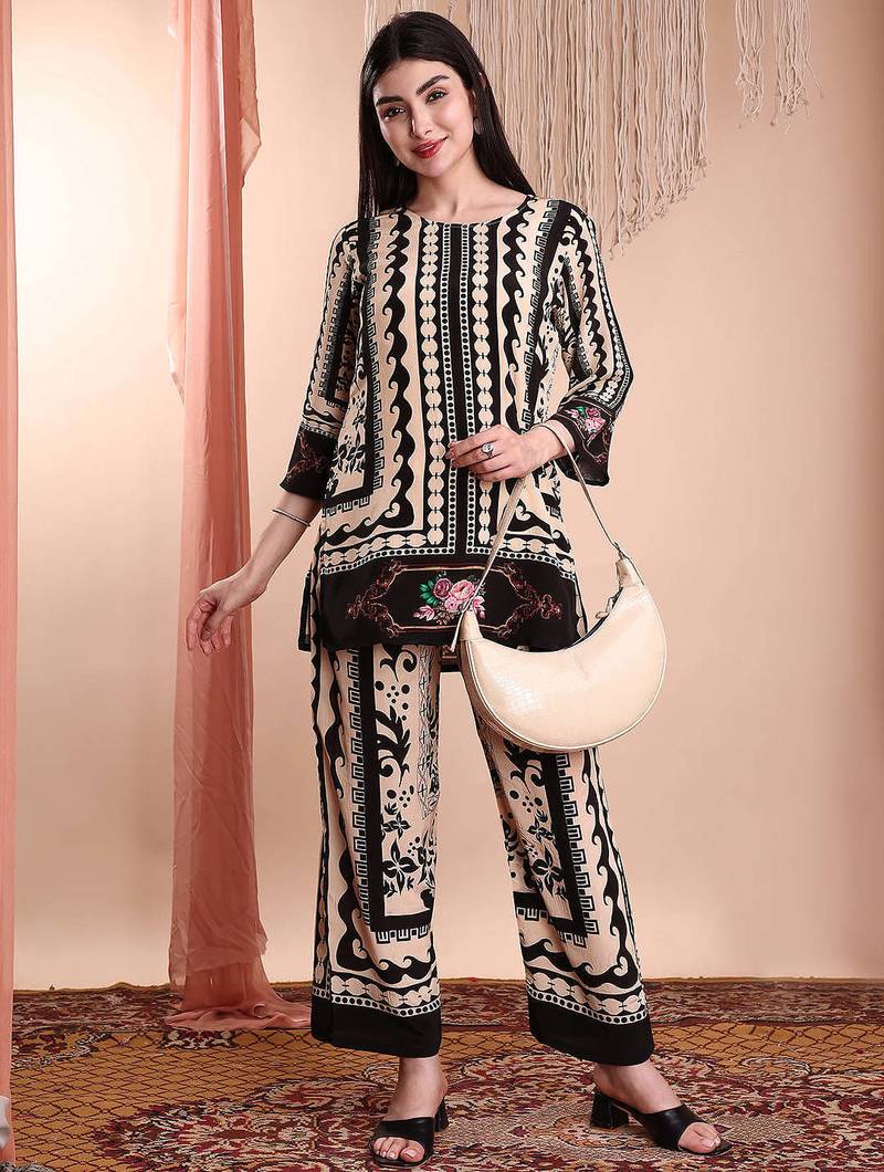 Black crepe floral print ethnic kurta palazzo set