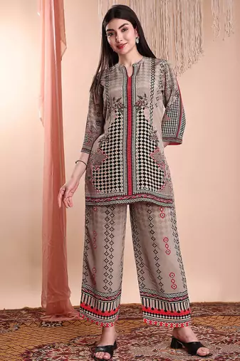 Brown crepe floral print ethnic kurta palazzo set