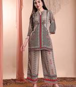 Brown crepe floral print ethnic kurta palazzo set