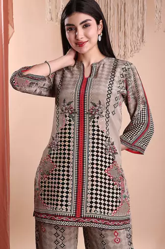 Brown crepe floral print ethnic kurta palazzo set