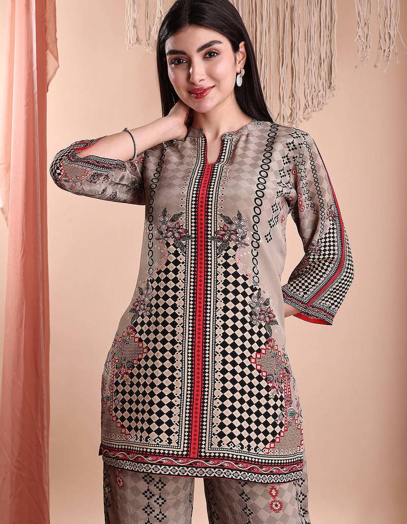 Brown crepe floral print ethnic kurta palazzo set