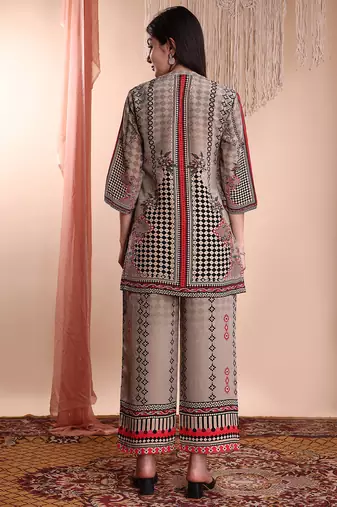 Brown crepe floral print ethnic kurta palazzo set