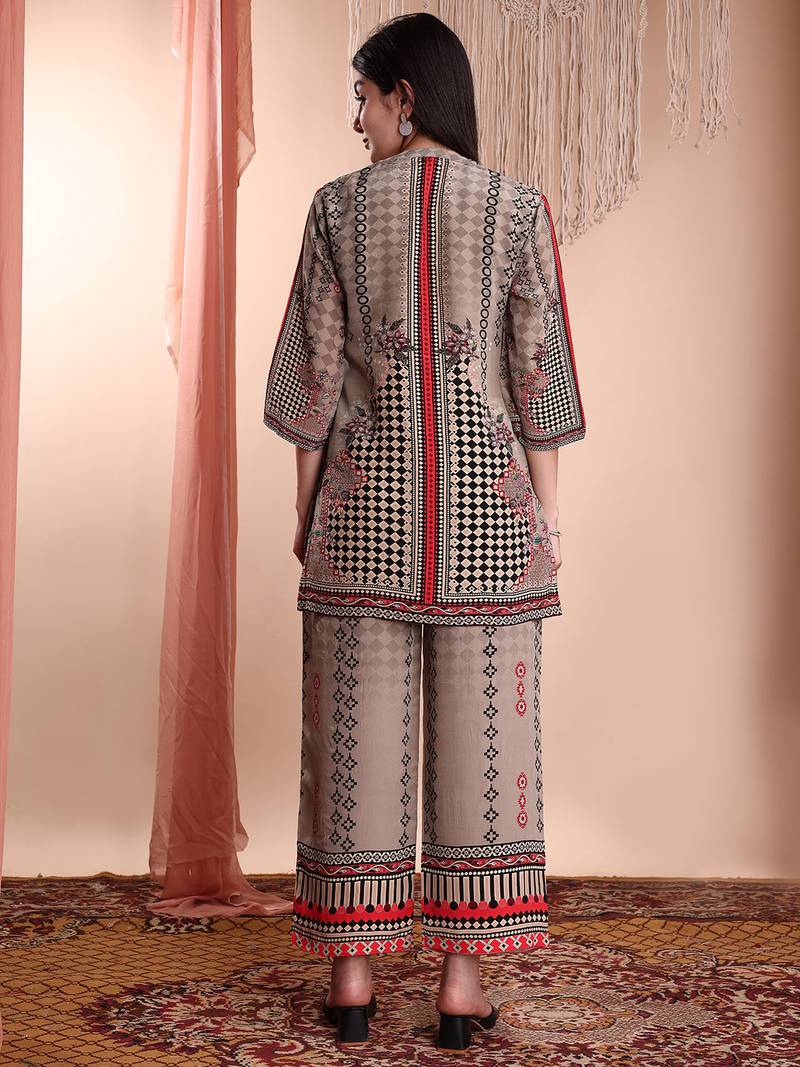 Brown crepe floral print ethnic kurta palazzo set