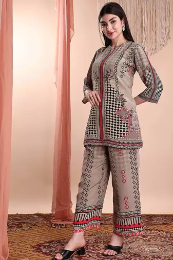 Brown crepe floral print ethnic kurta palazzo set
