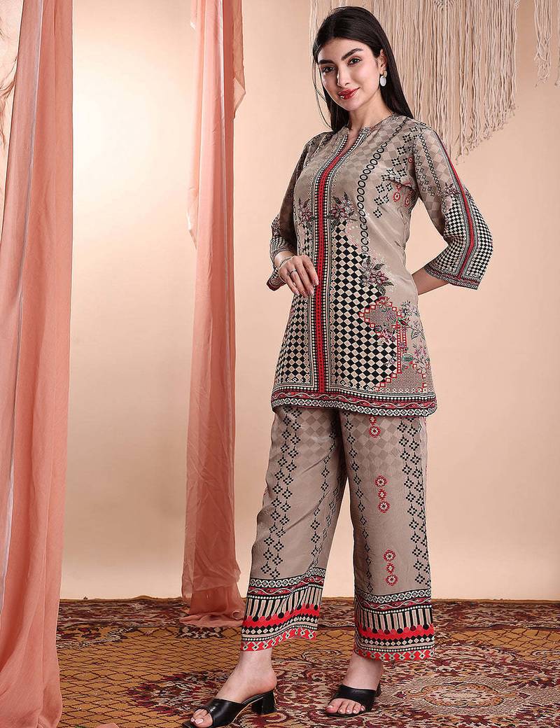 Brown crepe floral print ethnic kurta palazzo set
