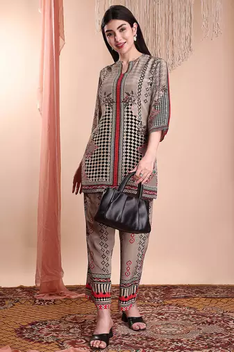 Brown crepe floral print ethnic kurta palazzo set