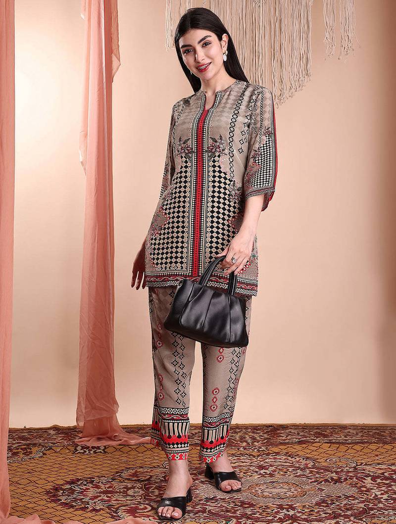 Brown crepe floral print ethnic kurta palazzo set