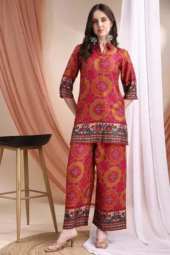 Pink silk geometric print ethnic kurta palazzo set