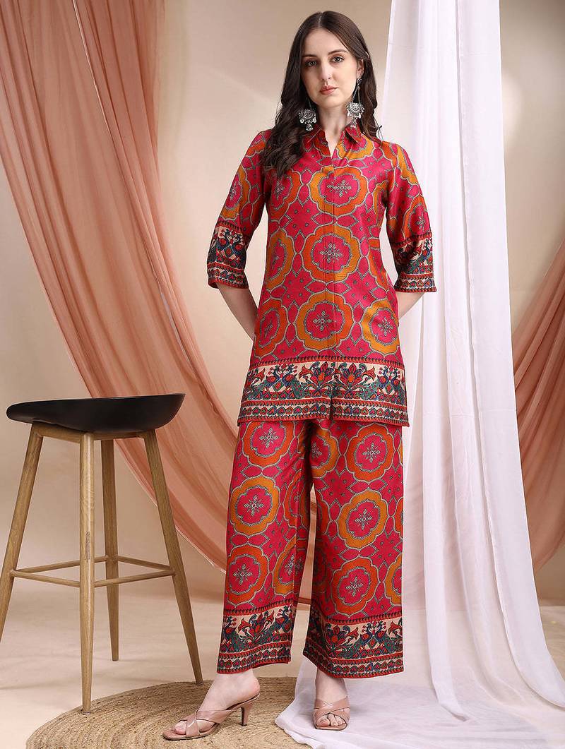Pink silk geometric print ethnic kurta palazzo set
