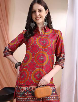 Pink silk geometric print ethnic kurta palazzo set 2