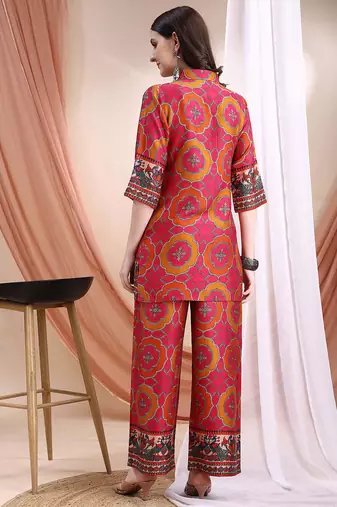 Pink silk geometric print ethnic kurta palazzo set