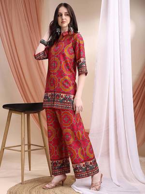 Pink silk geometric print ethnic kurta palazzo set 4