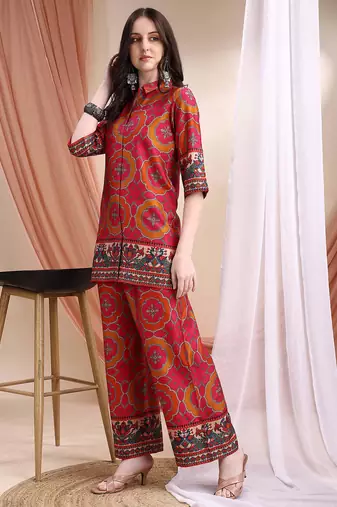 Pink silk geometric print ethnic kurta palazzo set