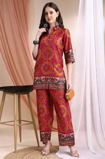 Pink silk geometric print ethnic kurta palazzo set