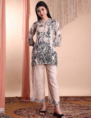 Beige rayon floral print ethnic kurta palazzo set 1