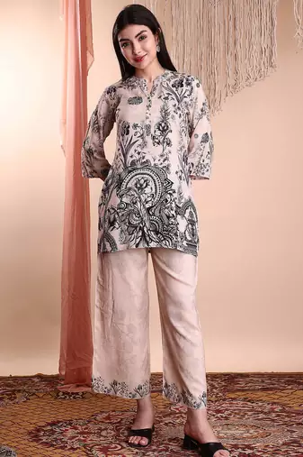 Beige rayon floral print ethnic kurta palazzo set
