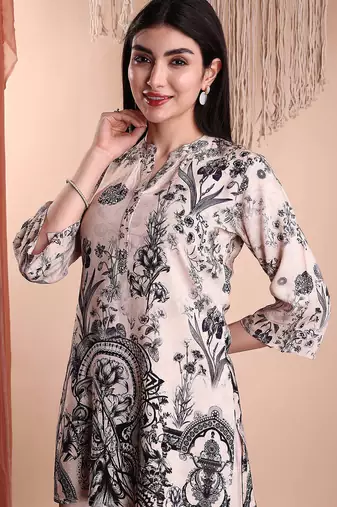Beige rayon floral print ethnic kurta palazzo set