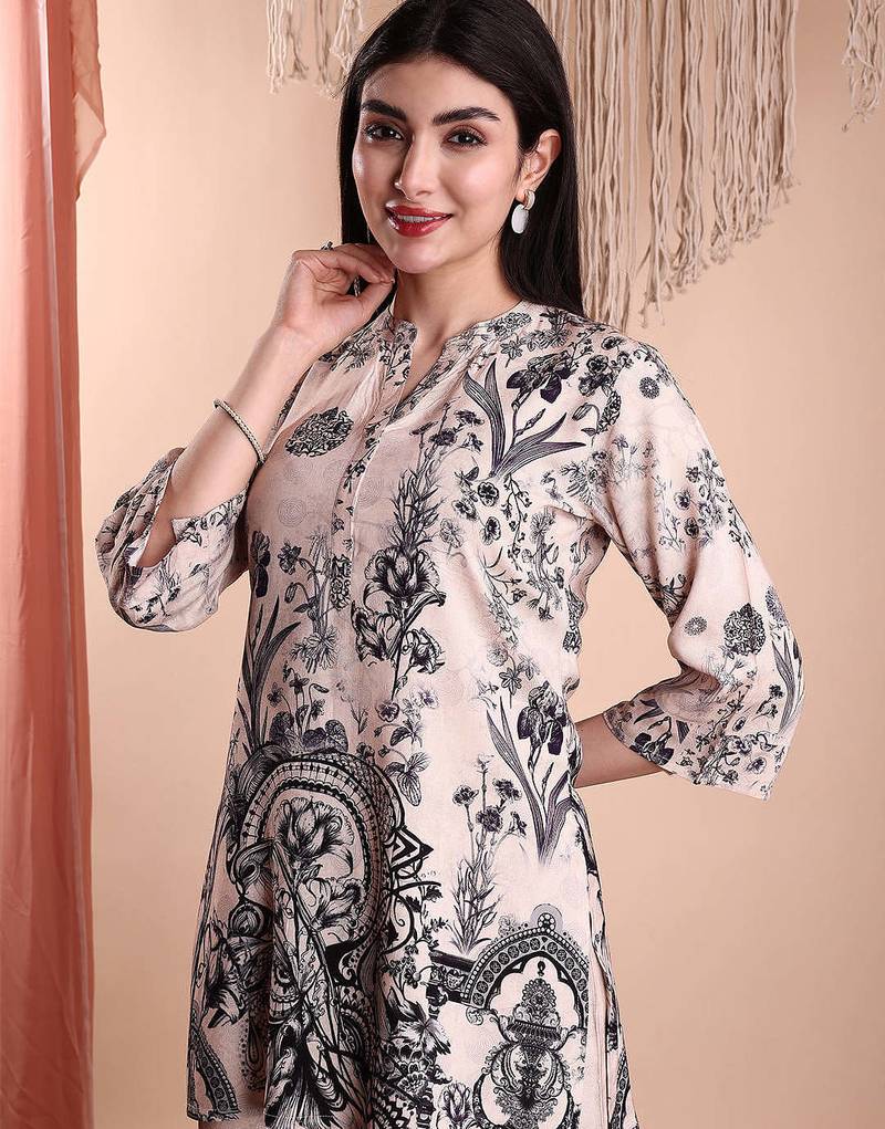 Beige rayon floral print ethnic kurta palazzo set