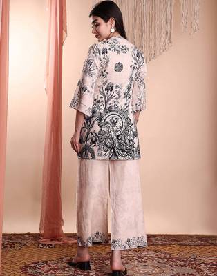 Beige rayon floral print ethnic kurta palazzo set 3