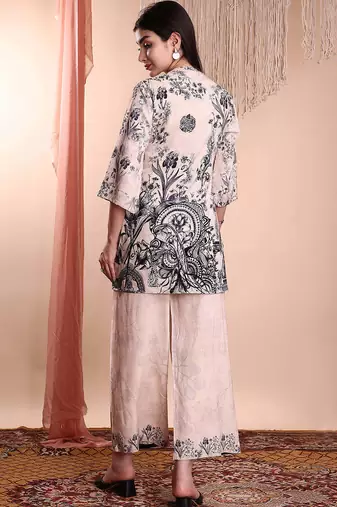 Beige rayon floral print ethnic kurta palazzo set