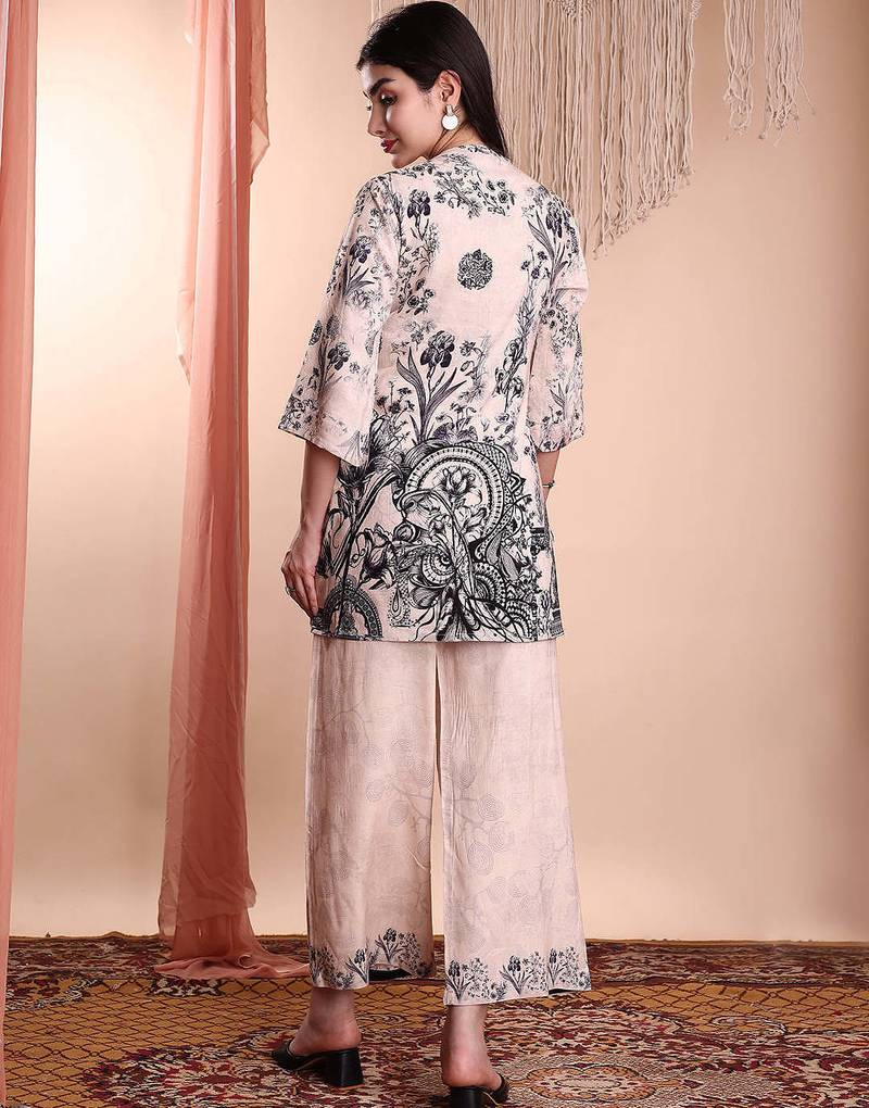 Beige rayon floral print ethnic kurta palazzo set