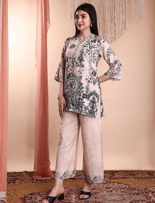 Beige rayon floral print ethnic kurta palazzo set 4