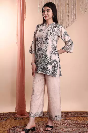 Beige rayon floral print ethnic kurta palazzo set