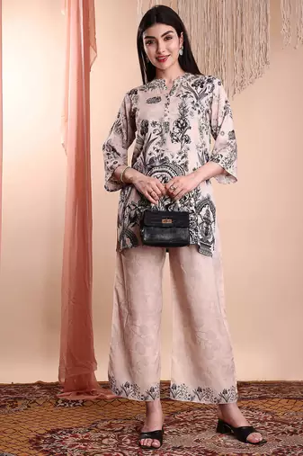 Beige rayon floral print ethnic kurta palazzo set