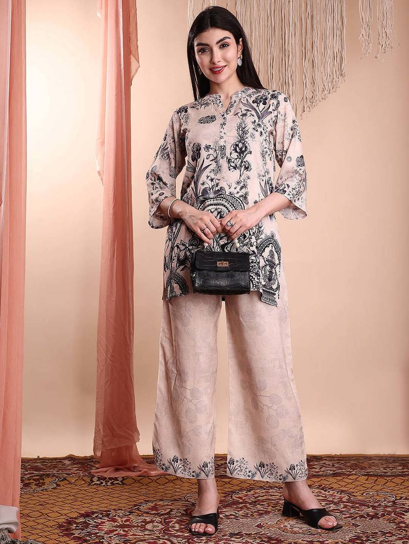 Beige rayon floral print ethnic kurta palazzo set