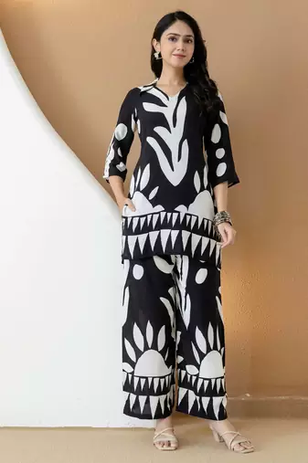 Black rayon geometric print ethnic kurta palazzo set