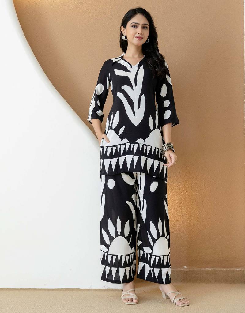 Black rayon geometric print ethnic kurta palazzo set