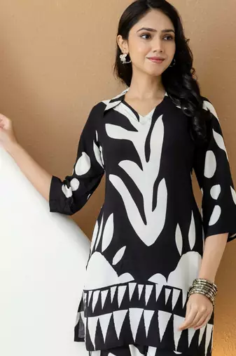 Black rayon geometric print ethnic kurta palazzo set