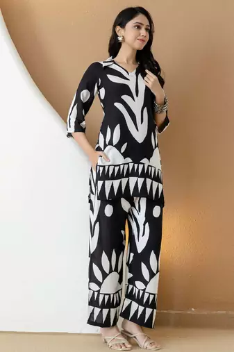 Black rayon geometric print ethnic kurta palazzo set
