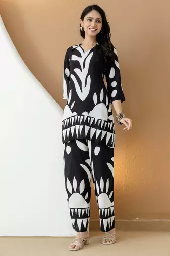 Black rayon geometric print ethnic kurta palazzo set