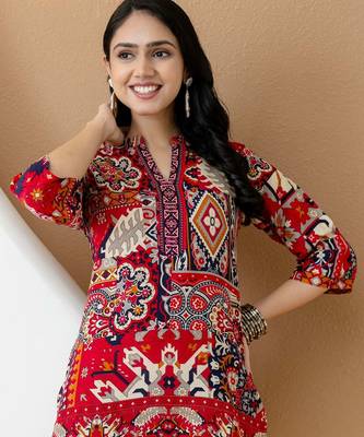 Pink rayon geometric print ethnic kurta palazzo set 2