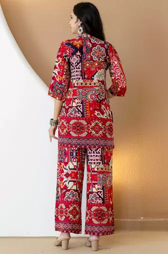 Pink rayon geometric print ethnic kurta palazzo set