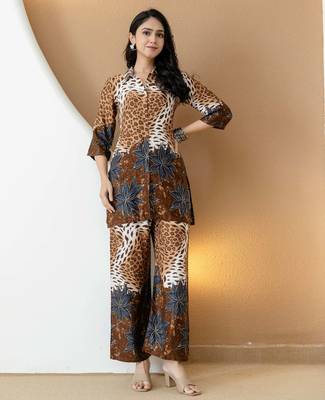 Brown silk floral print ethnic kurta palazzo set 1
