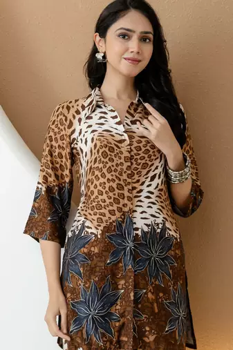 Brown silk floral print ethnic kurta palazzo set